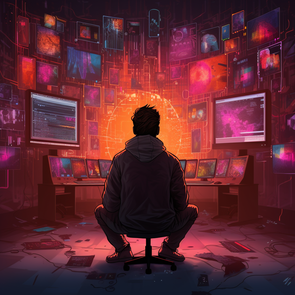 Cartoon person sitting infront of several monitors in dark red room.