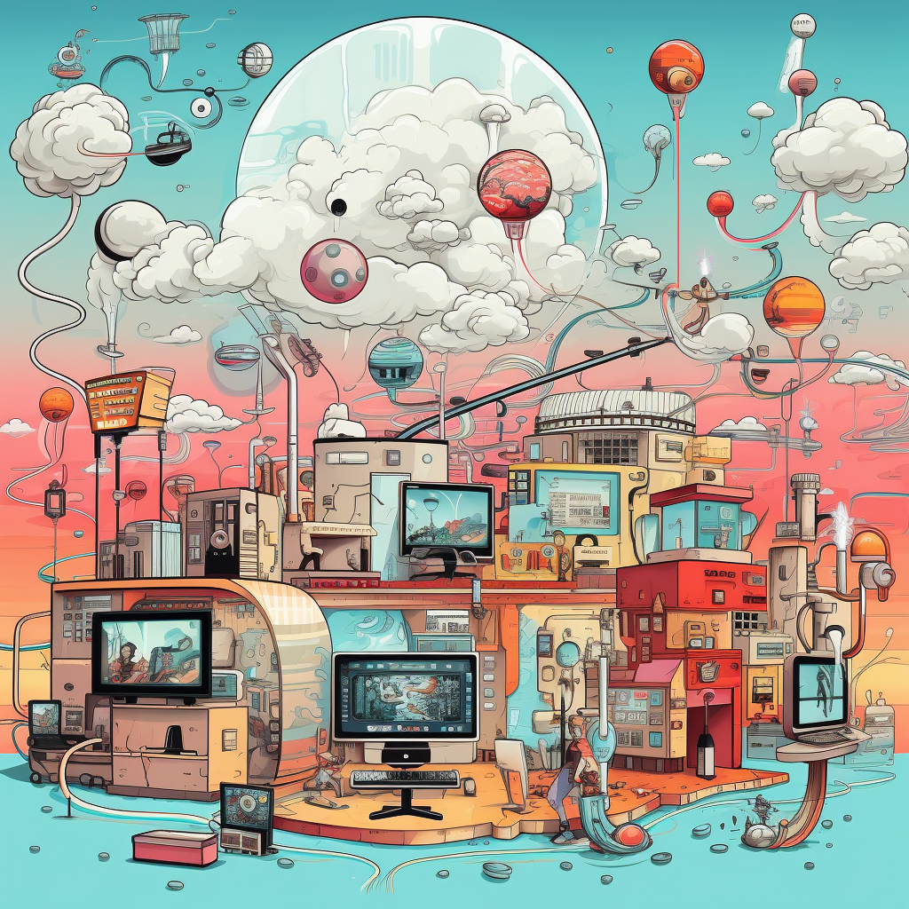 Bright cartoon landscape with floating screens and clouds.