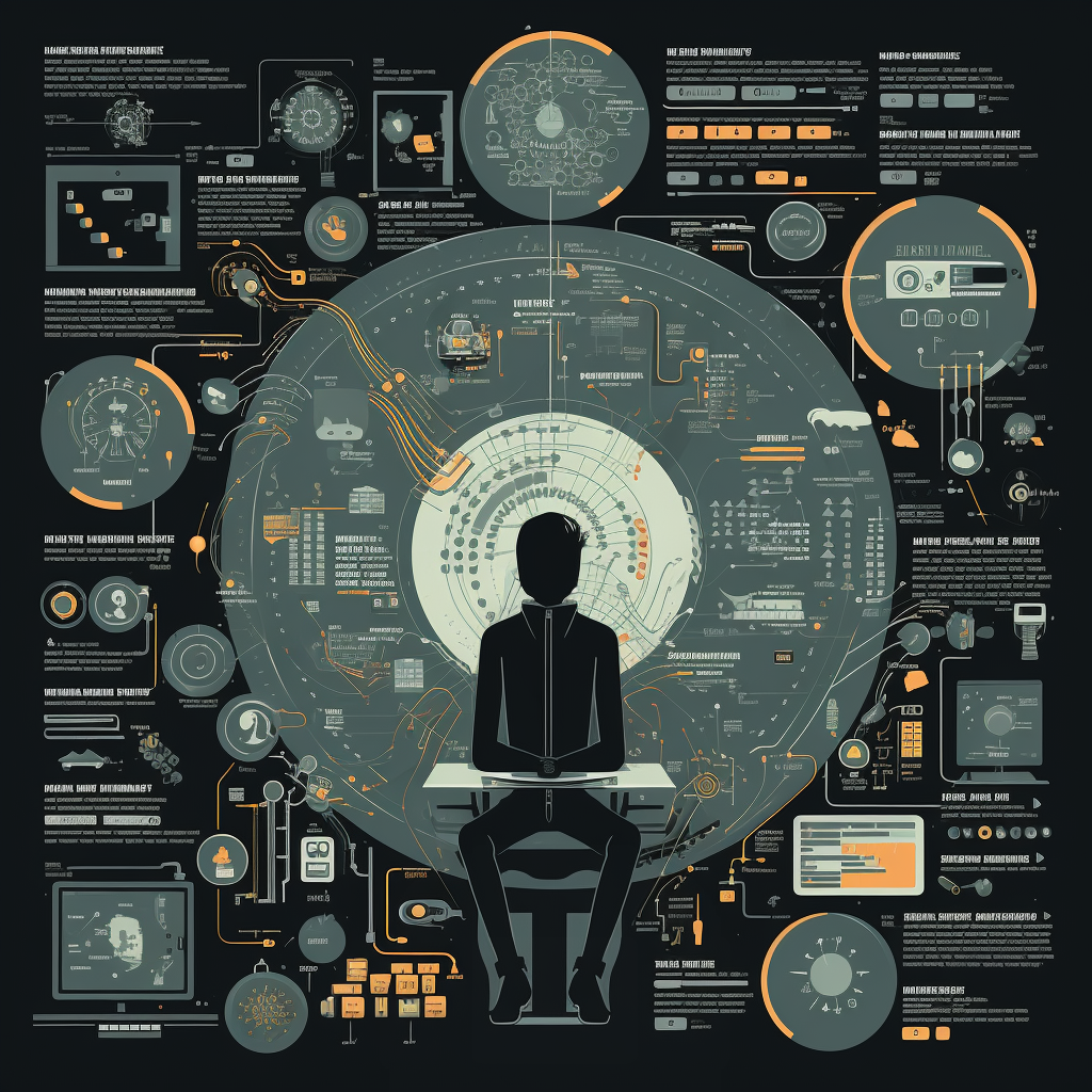 Dark cartoon picture of person sitting surrounded by schematics.