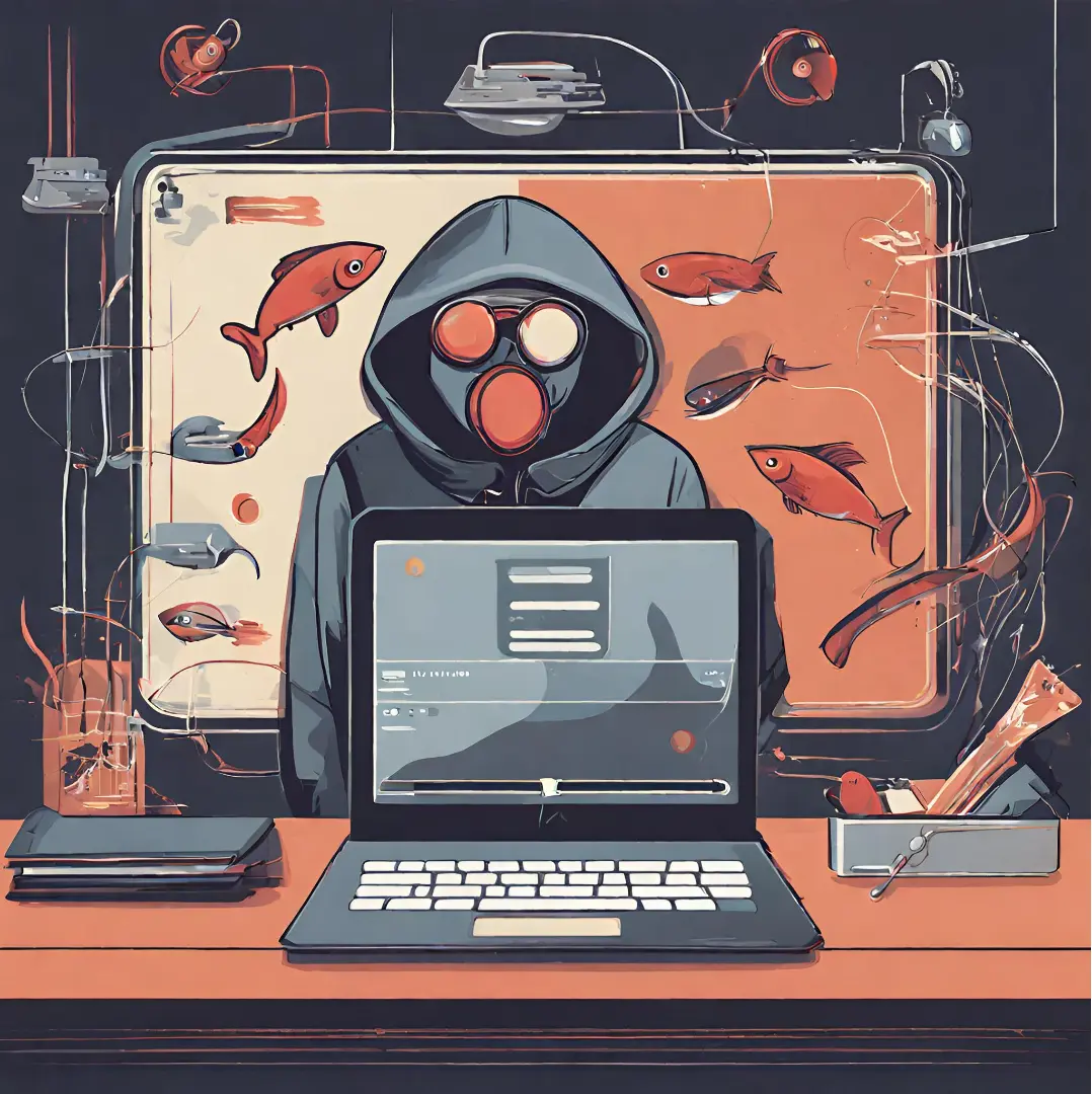 Hooded and masked cartoon person sitting at desk with laptop, fish floating around them.