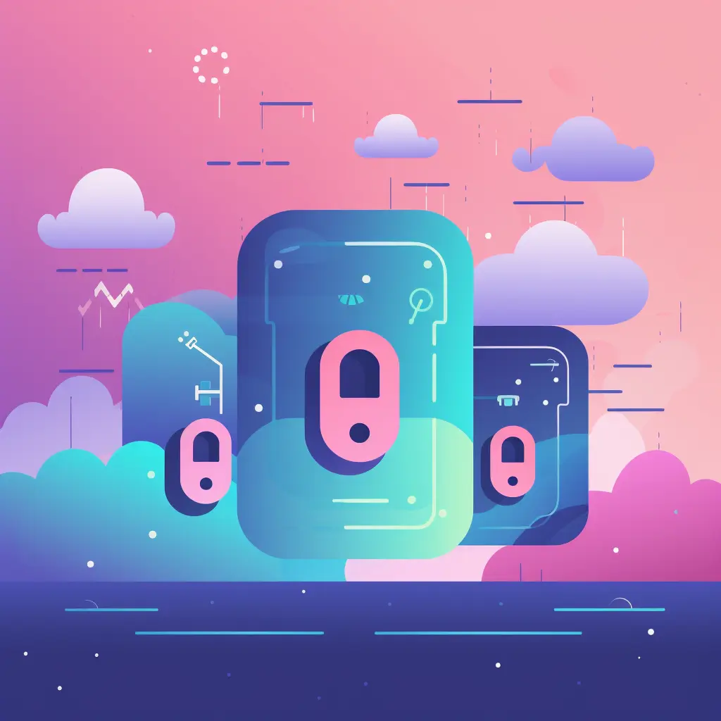 Cartoon image of locks floating above water with clouds in the background.