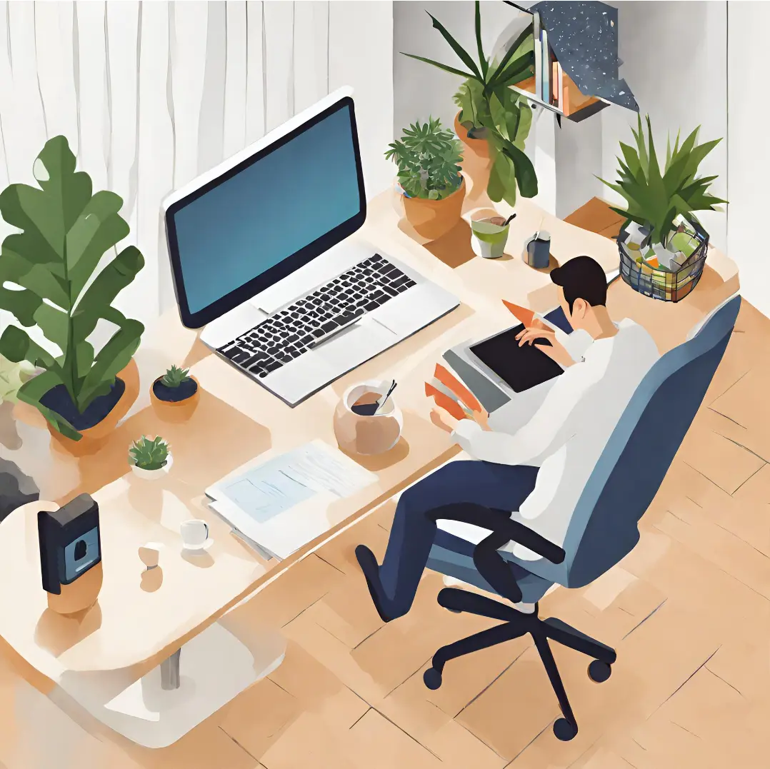 Man sitting at desk infront of laptop, indoor plants next to him.